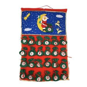 VTG Felt Advent Calendar Christmas Countdown Santa Claus On Moon Refillable Bags